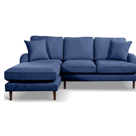 Blue sectional sofa with cushions on a white background
