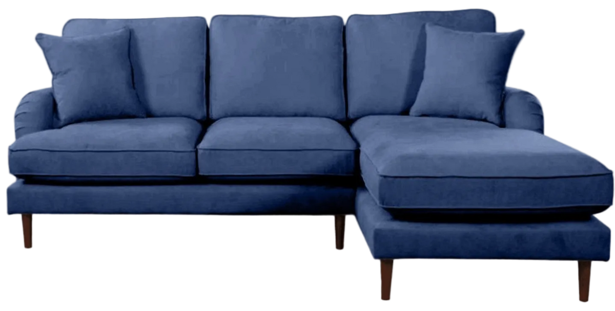 Blue sectional sofa with cushions on a white background