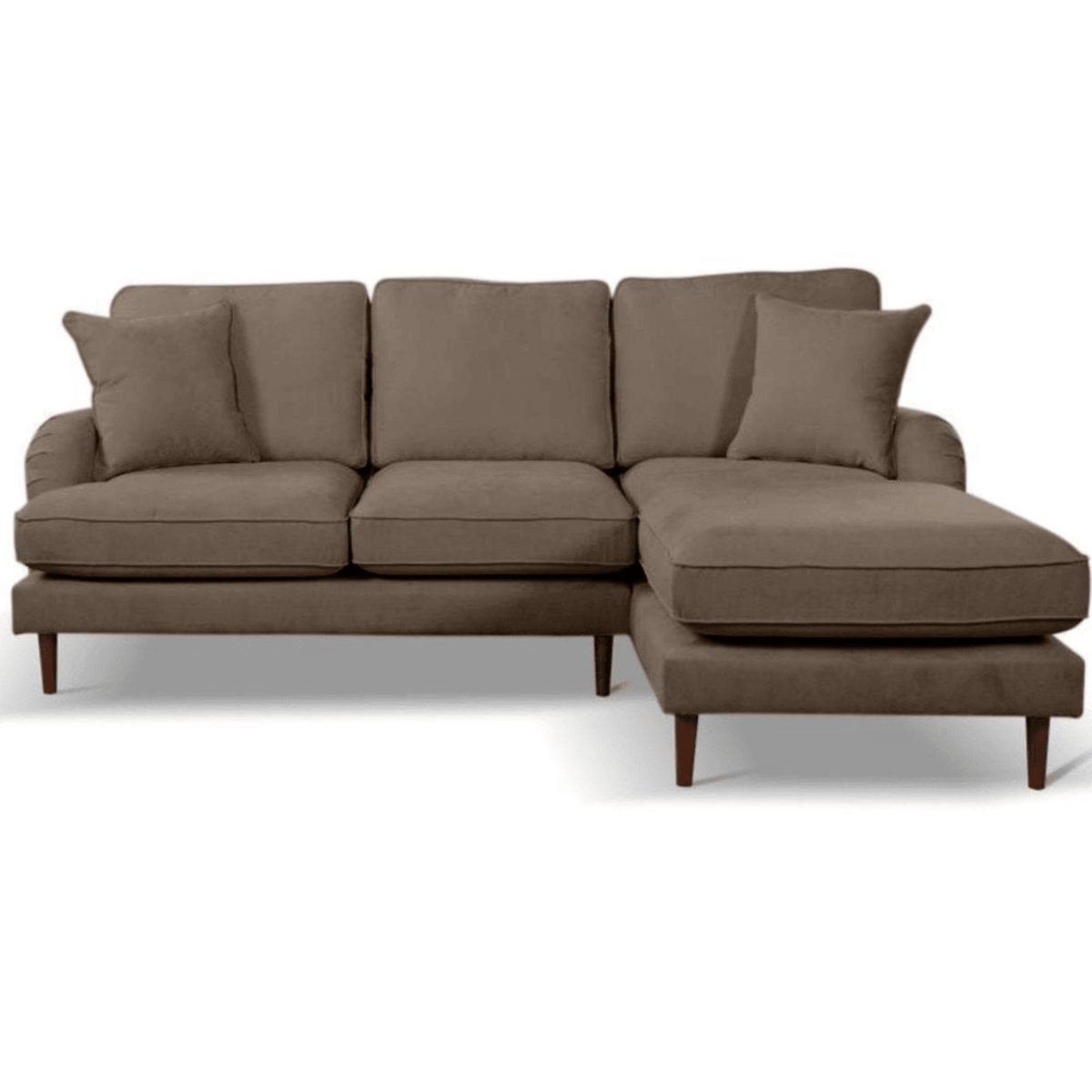 Brown sectional sofa with ottoman on a white background