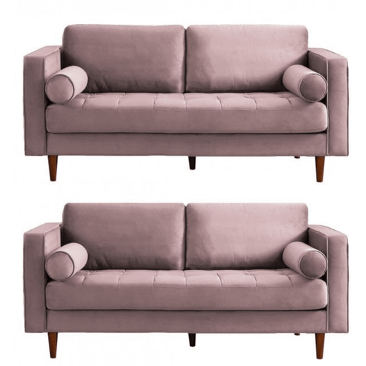 Two identical mauve sofas with wooden legs on a white background