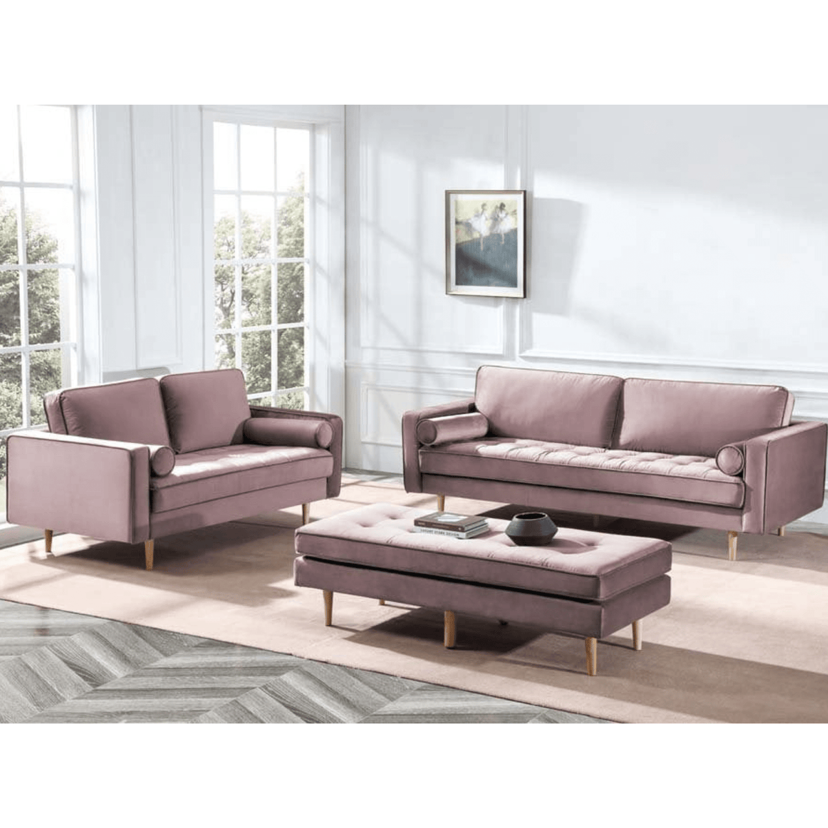 Purple sofa set with ottoman in a modern living room