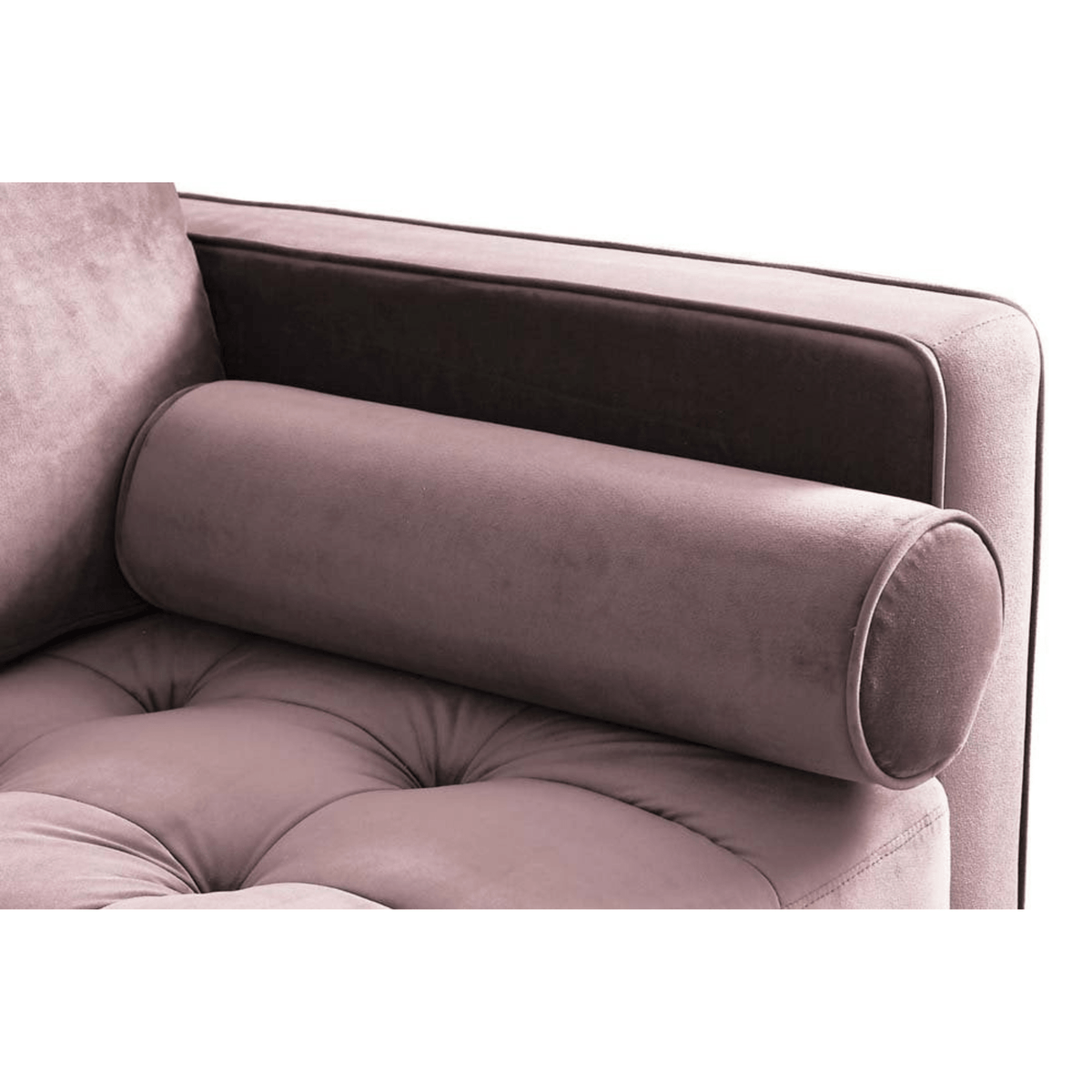 Close-up of a tufted armchair with a cylindrical backrest pillow on a white background