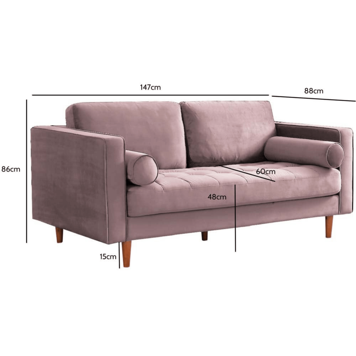 Purple sofa with dimensions marked on a white background