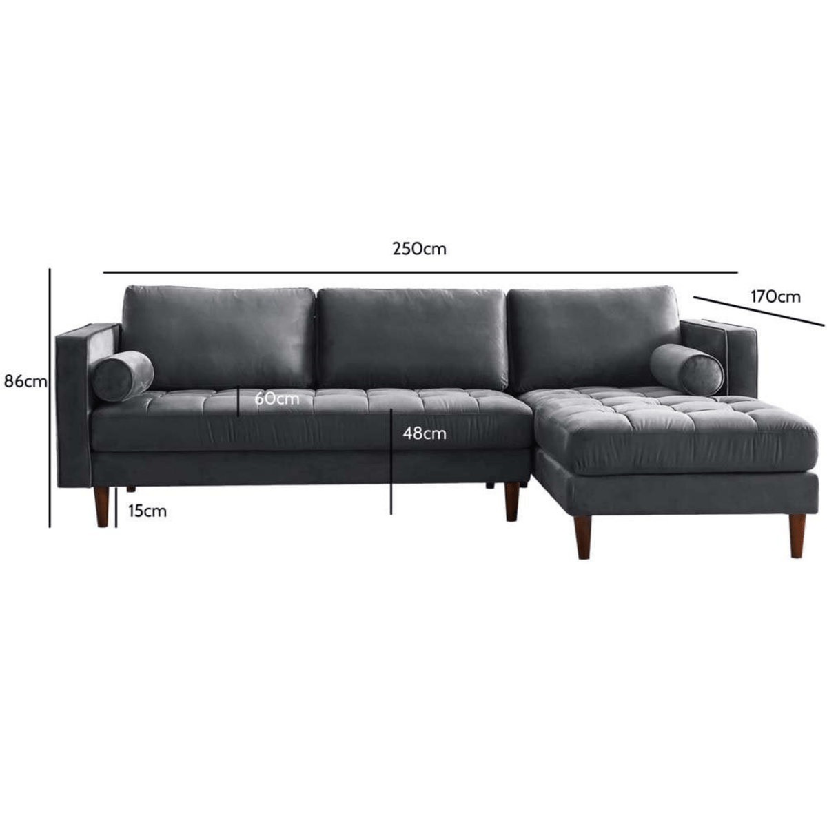 Gray sectional sofa with dimensions on a white background