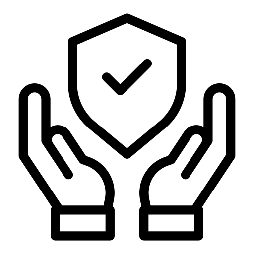 Black icon of two hands holding a shield with a check mark on a white background