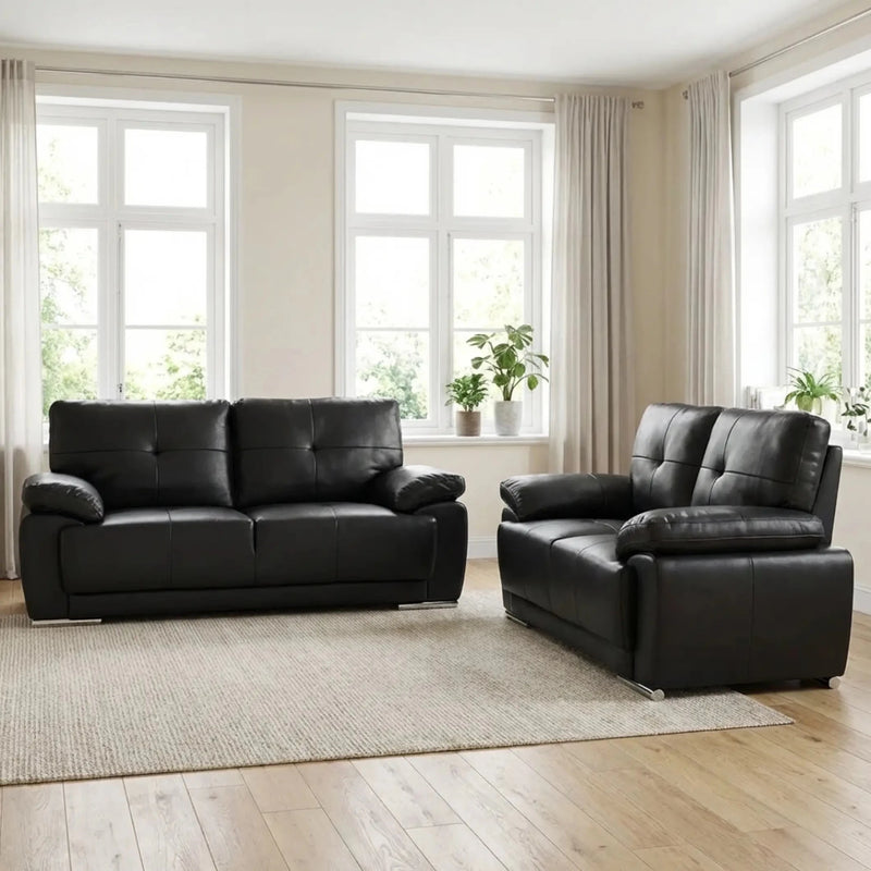 Sienna black leather 3+2 seater sofa set detail view - Furniture Instore