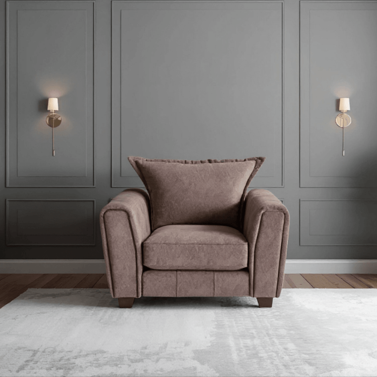 Somerford chocolate armchair with plush cushions and modern design