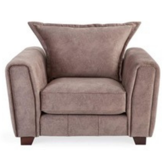Somerford chocolate armchair with plush cushions and modern design, front-facing on a clean white
