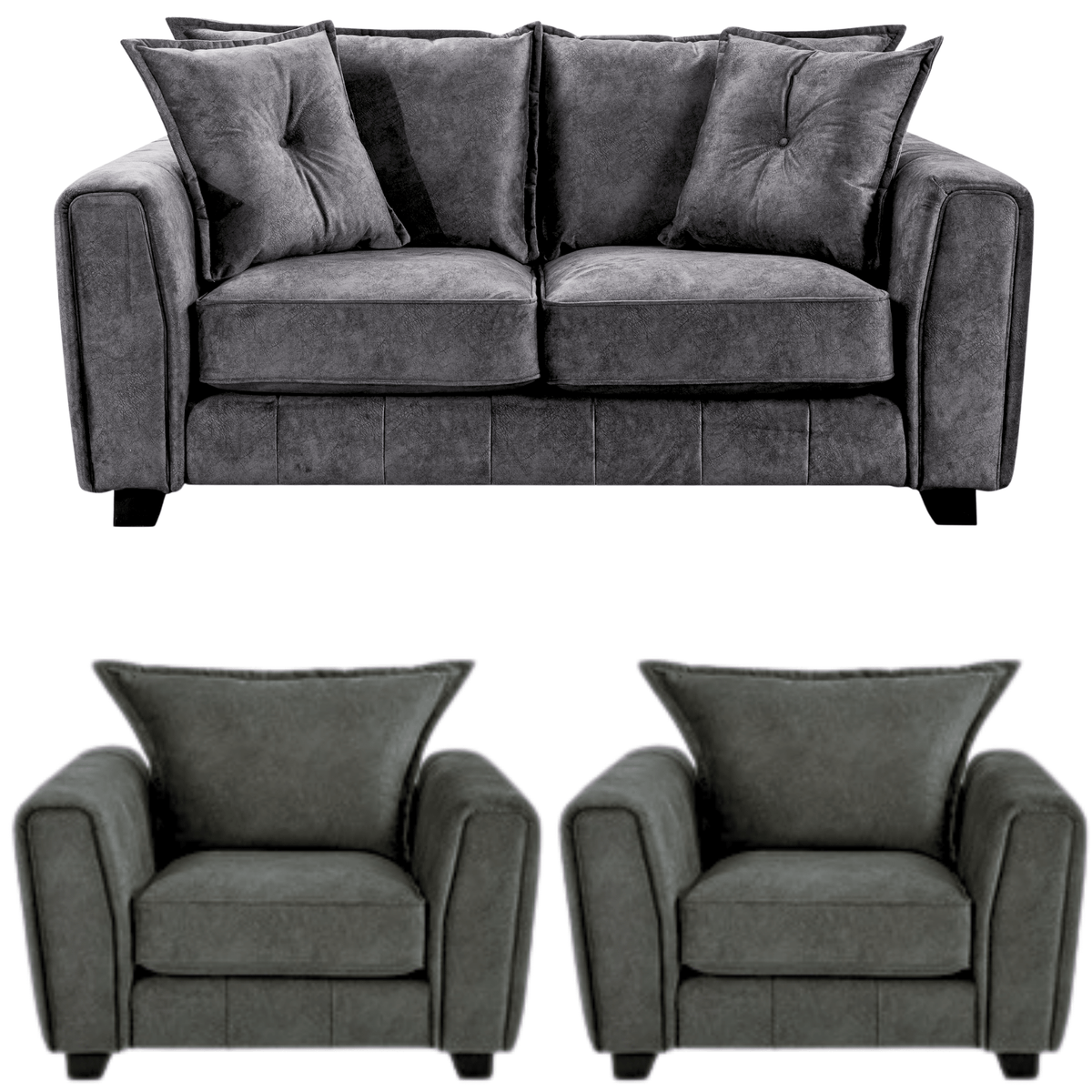 Somerford Grey 2+1+1 Sofa Set front facing on white background, grey fabric seating with soft