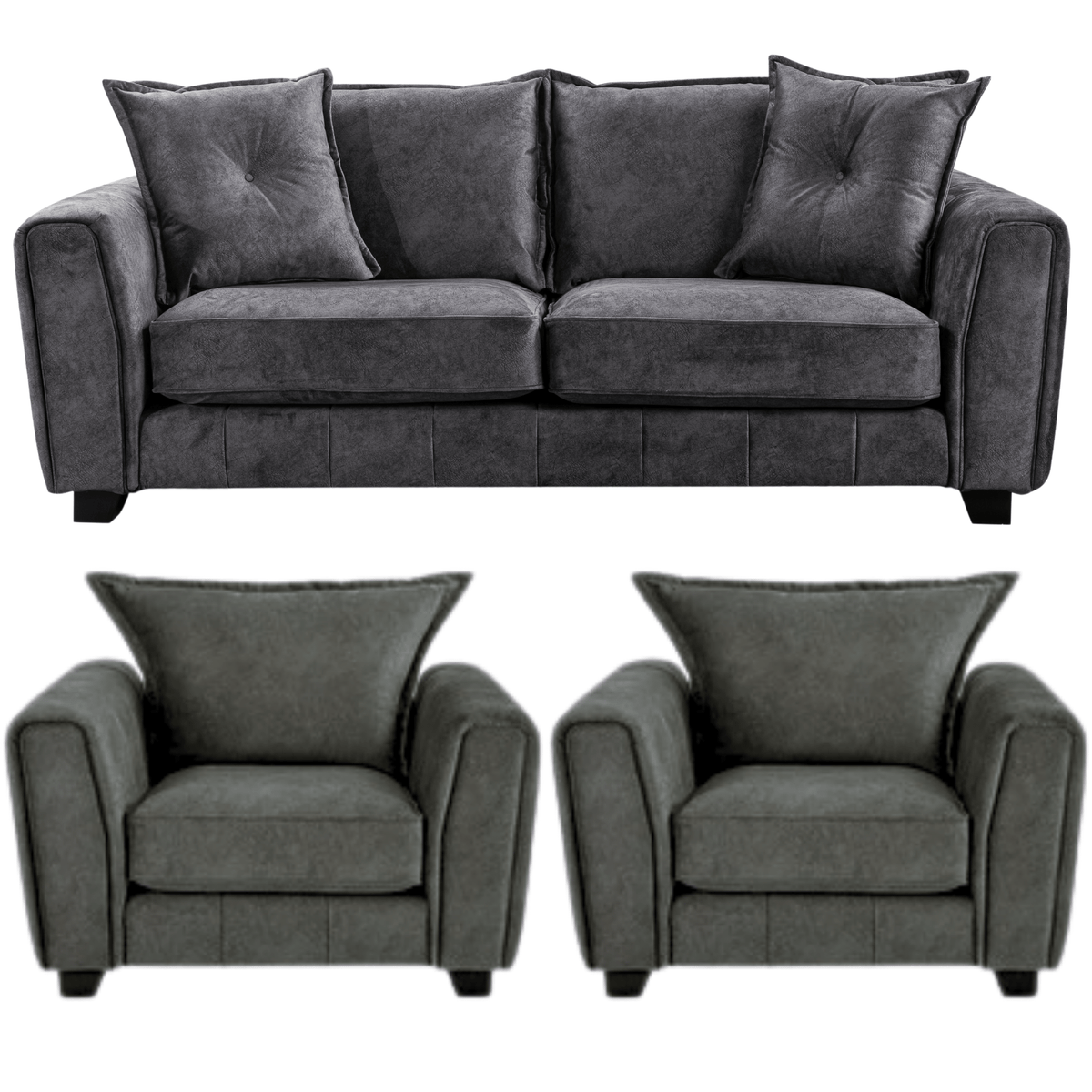 Somerford Grey 3+1+1 Sofa Set front facing on white background, grey fabric seating with soft