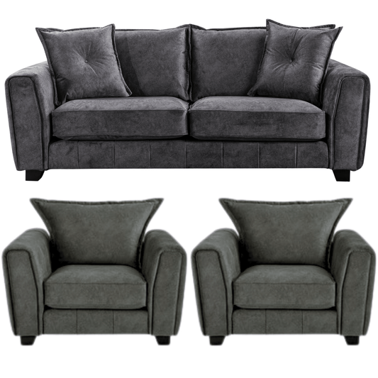 Somerford Grey 3+1+1 Sofa Set front facing on white background, grey fabric seating with soft