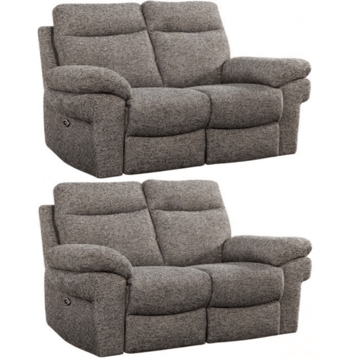 Two gray reclining sofas on a white background