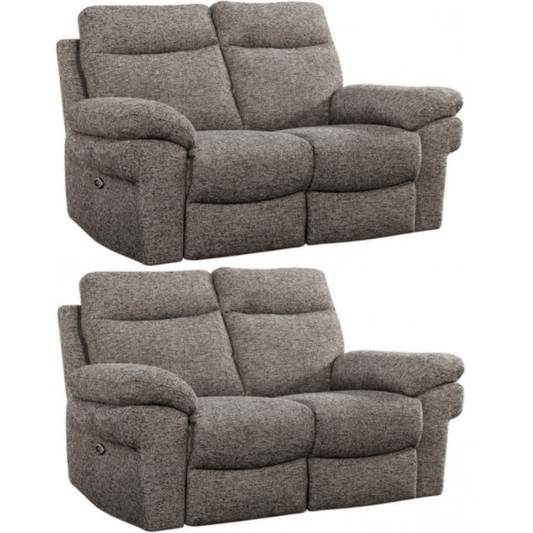 Two gray reclining sofas on a white background