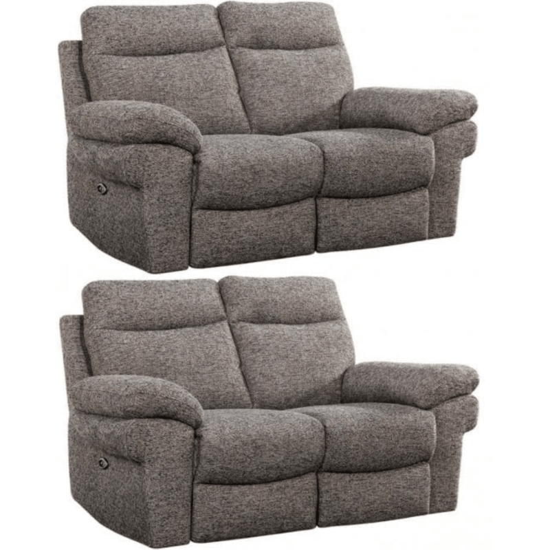 Two gray reclining sofas on a white background