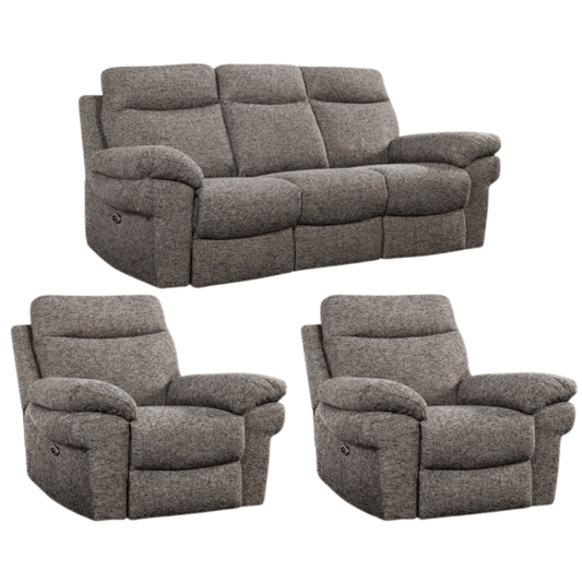 Gray reclining sofa set with two matching armchairs on a white background