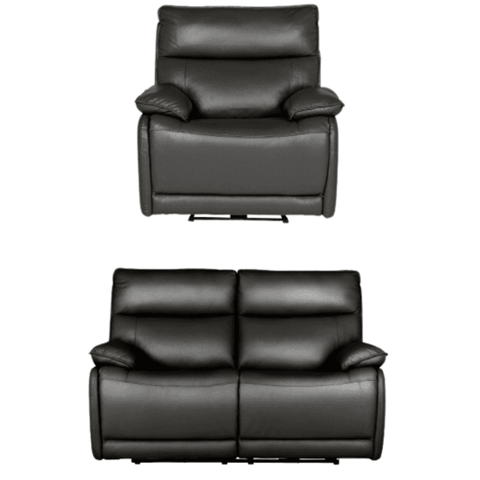 Black leather recliner chair and sofa set on a white background