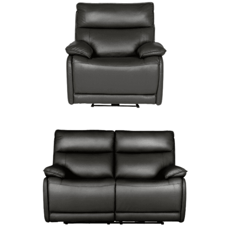 Black leather recliner chair and sofa set on a white background