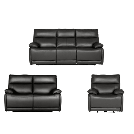 Black leather sofa set with recliner on a white background