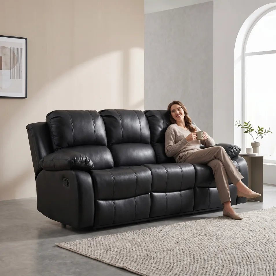 Valencia Black Leather 3 Seater Manual Recliner Sofa - view 2 - Furniture Instore