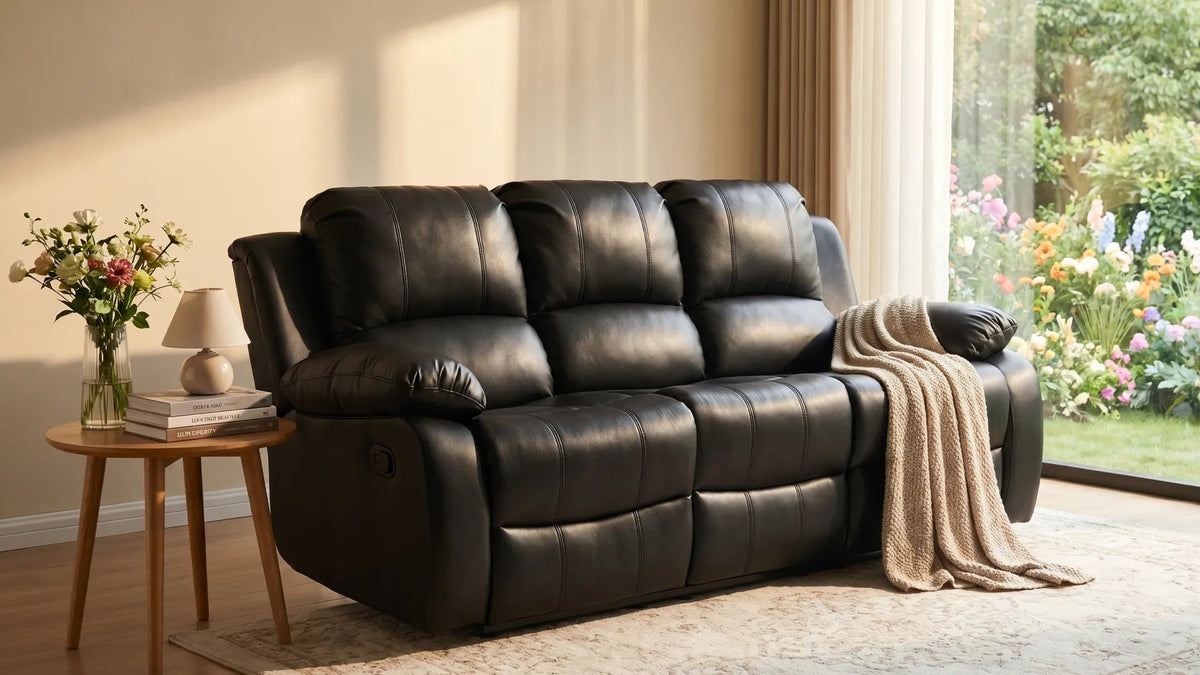 Valencia Black Leather 3 Seater Manual Recliner Sofa - view 8 - Furniture Instore
