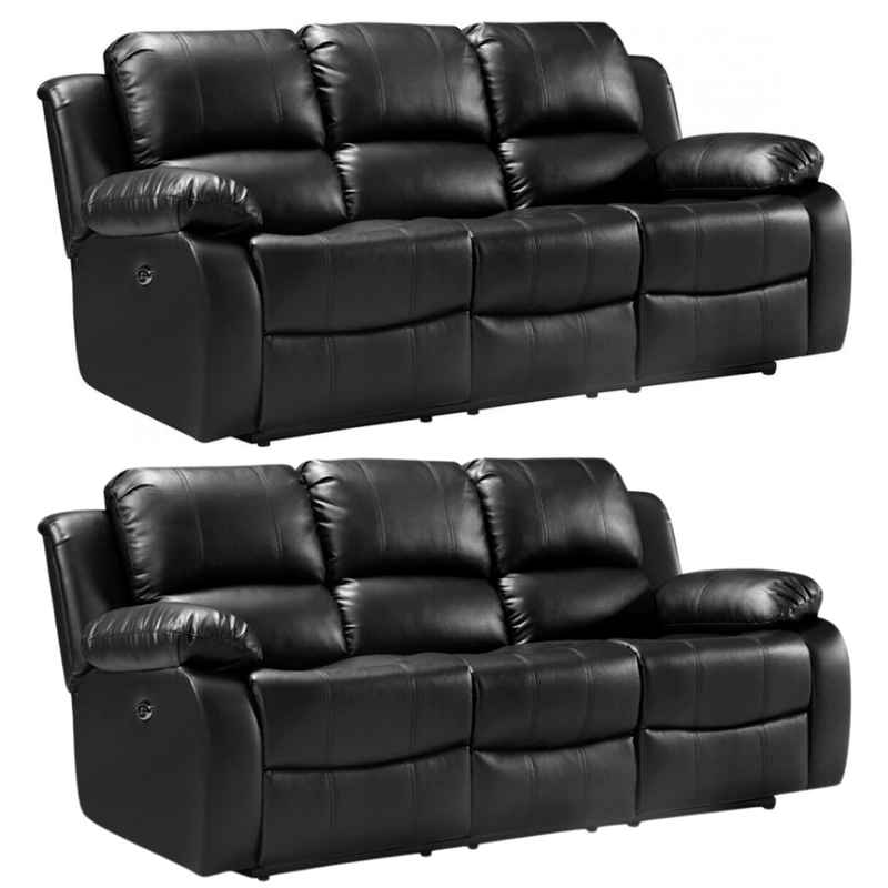Two black leather recliner sofas on a white background