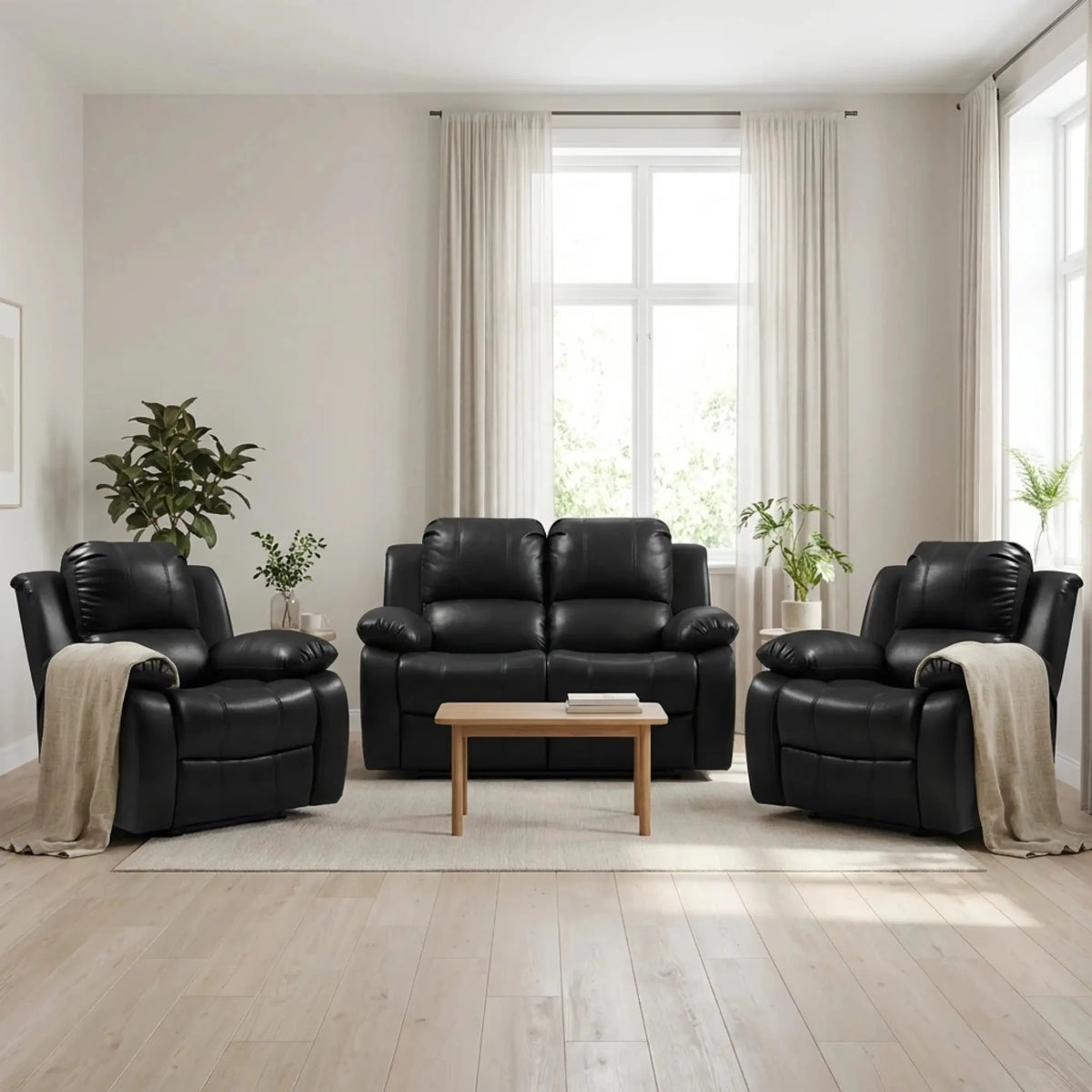 Valencia Black Leather Manual Recliner 2+1+1 Sofa Set - view 2 - Furniture Instore