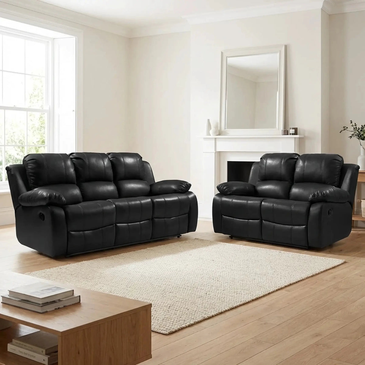 Valencia Black Leather Manual Recliner 3+2 Seater Sofa Set - view 2 - Furniture Instore