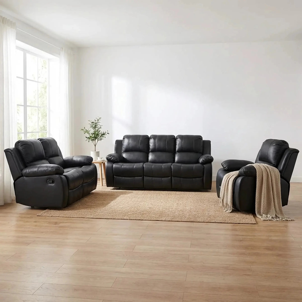 Valencia Black Leather Manual Recliner 3+2+1 Seater Sofa Set - view 2 - Furniture Instore