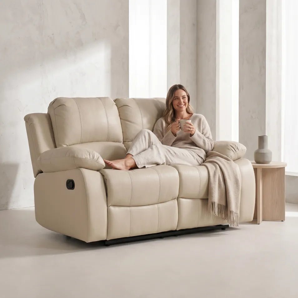 Valencia Cream Leather 2 Seater Manual Recliner Sofa - view 2 - Furniture Instore
