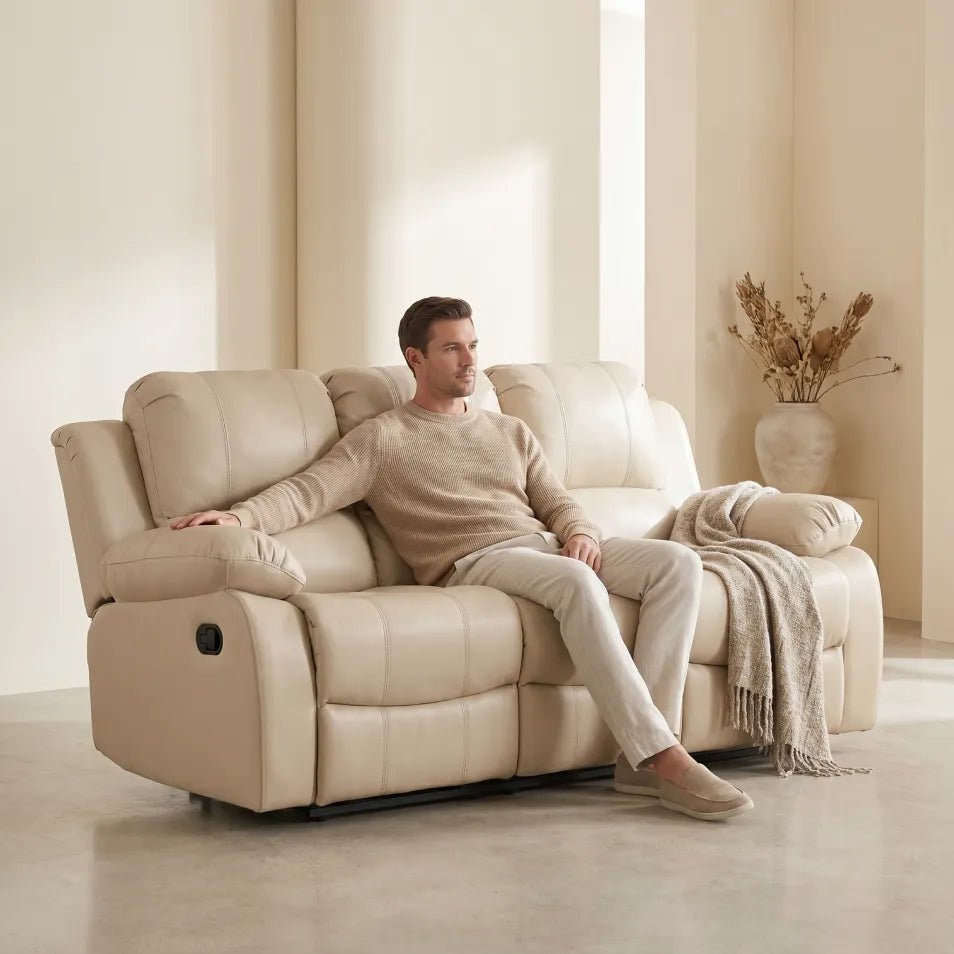 Valencia Cream Leather 3 Seater Manual Recliner Sofa - view 2 - Furniture Instore