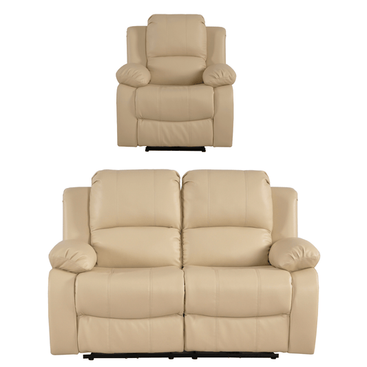 Beige recliner chair and loveseat set on a white background