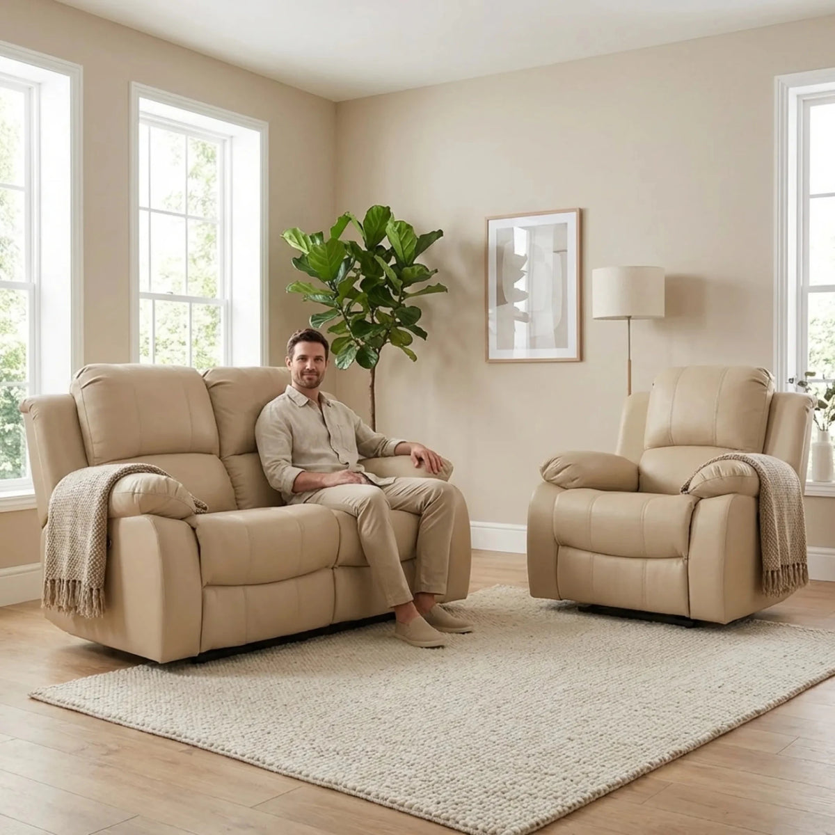 Valencia Cream Leather Electric Recliner 2+1 Sofa Set - Furniture Instore