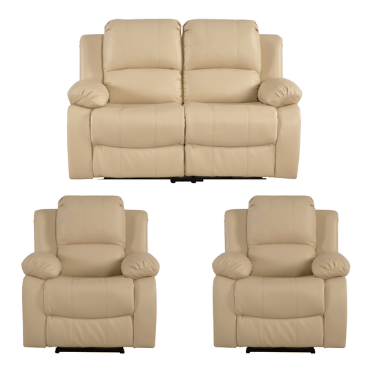 Beige recliner sofa set with two armchairs on a white background