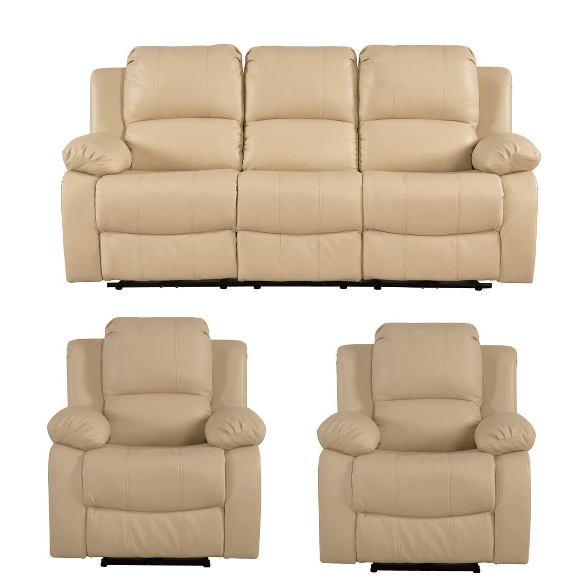 Beige leather sofa set with two recliner chairs on a white background