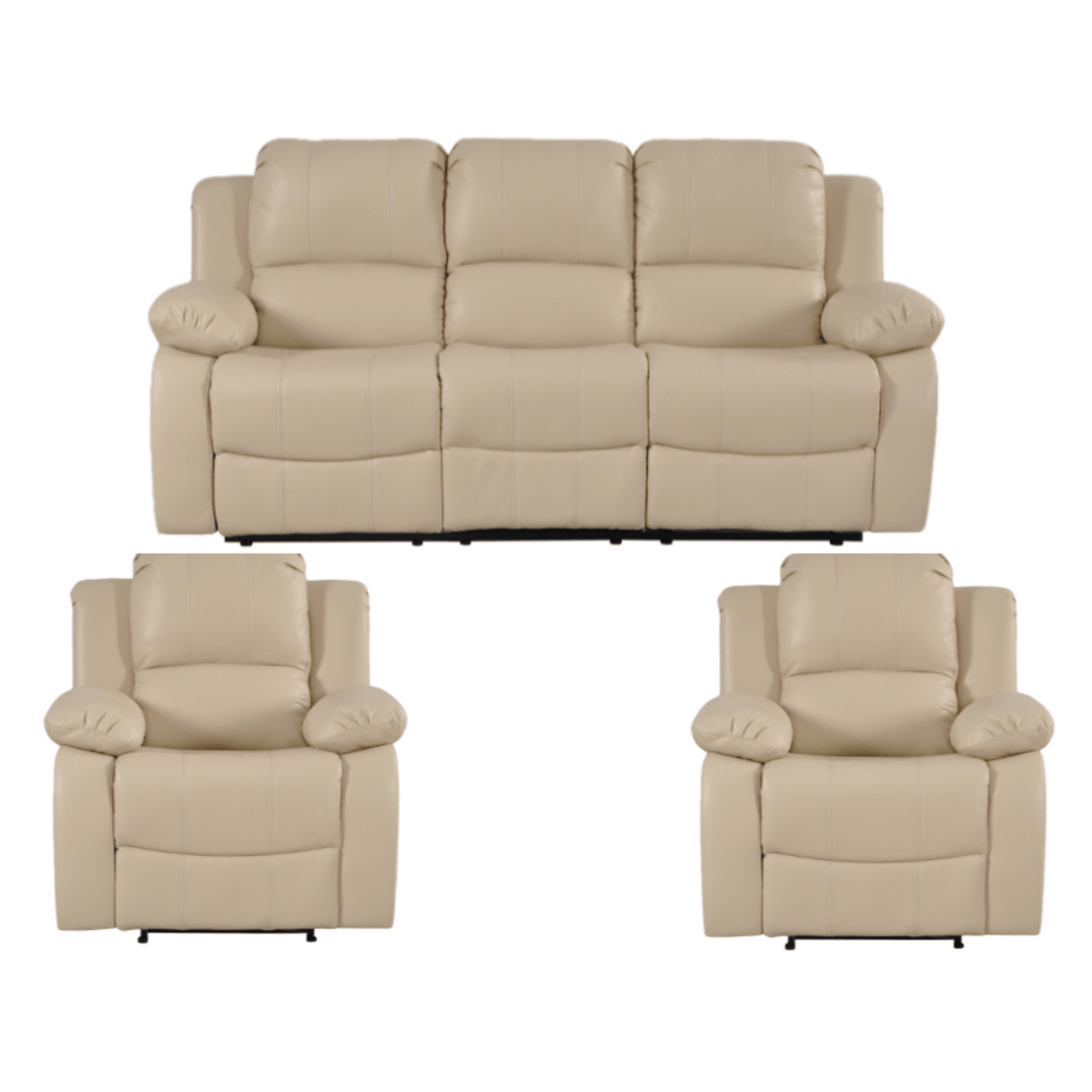 Beige leather sofa set with two recliner chairs on a white background