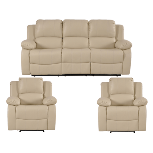 Beige leather sofa set with two recliner chairs on a white background
