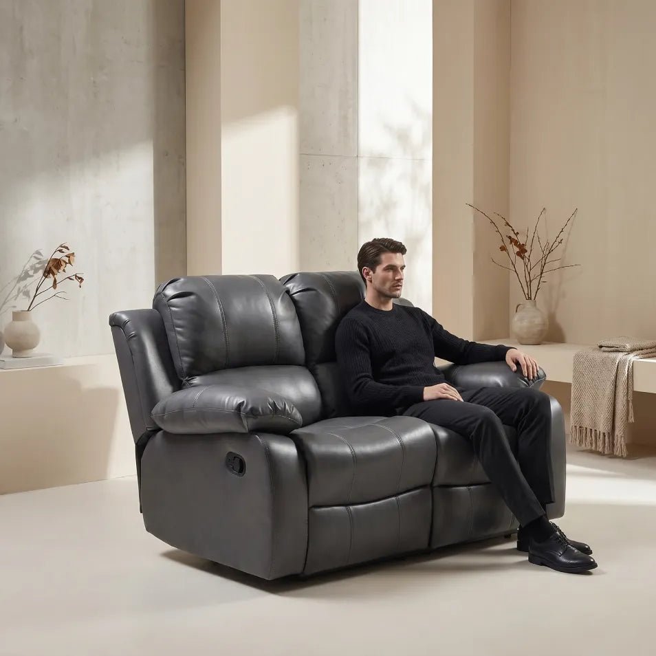 Valencia Grey Leather 2 Seater Manual Recliner Sofa - view 2 - Furniture Instore