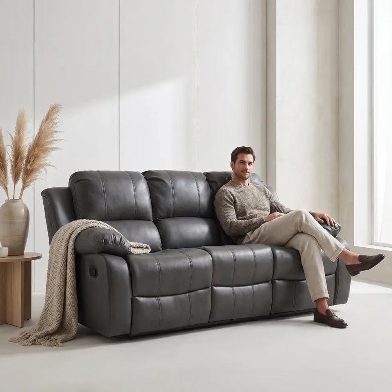 Valencia Grey Leather 3 Seater Manual Recliner Sofa - view 2 - Furniture Instore