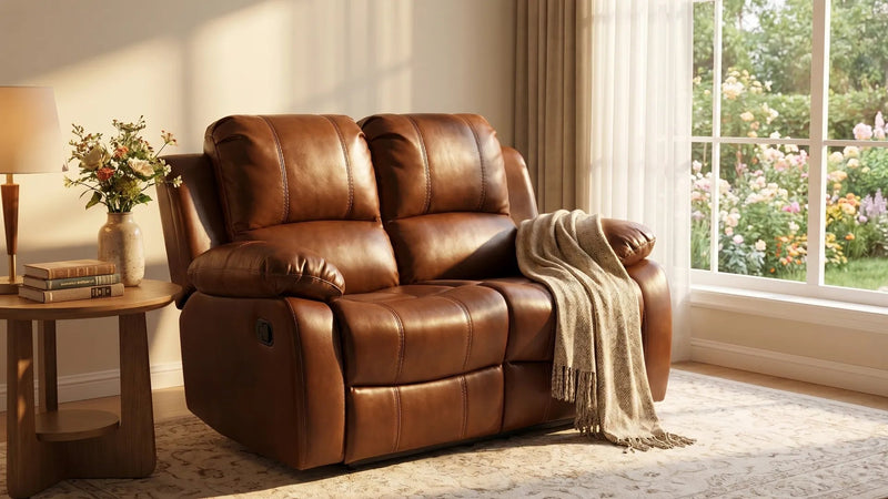 Valencia Tan Leather 2 Seater Manual Recliner Sofa - view 8 - Furniture Instore