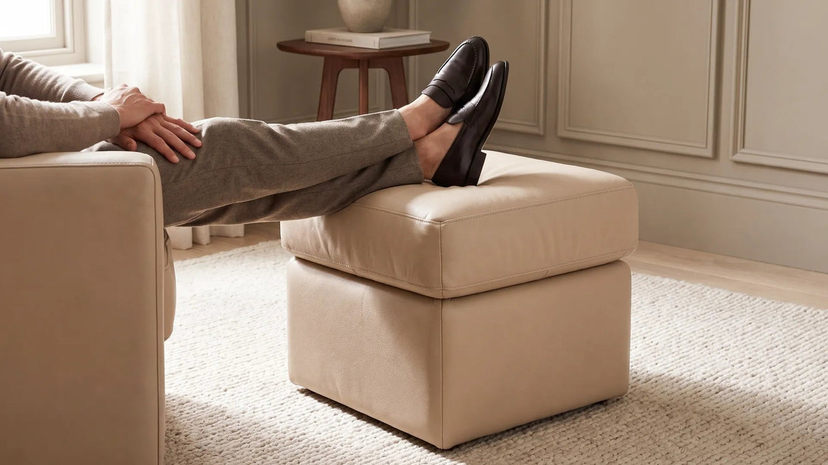 Valerie Cream Leather Footstool - Furniture Instore