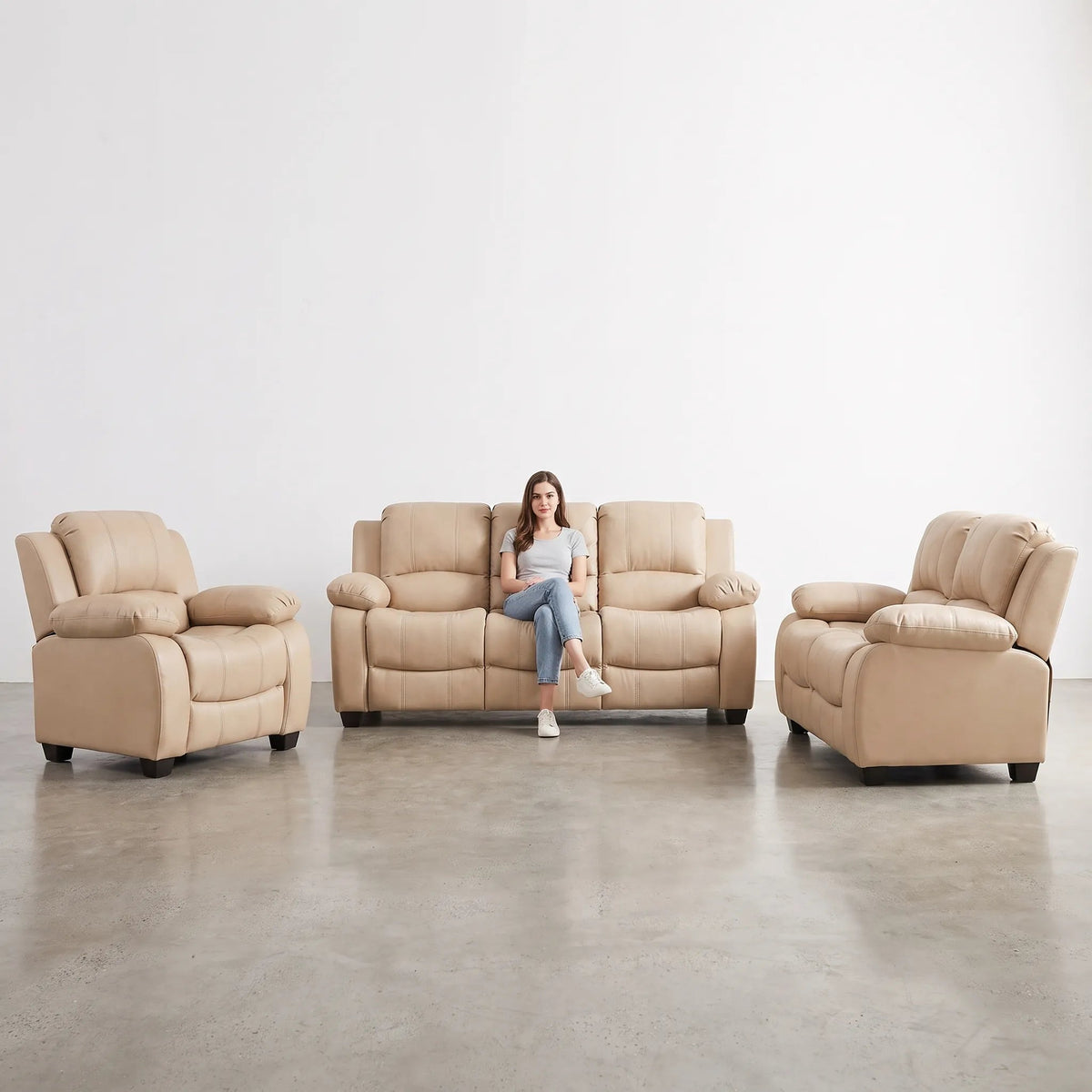 Valerie Cream Leather Modern 3+2+1 Seater Sofa Set - Furniture Instore
