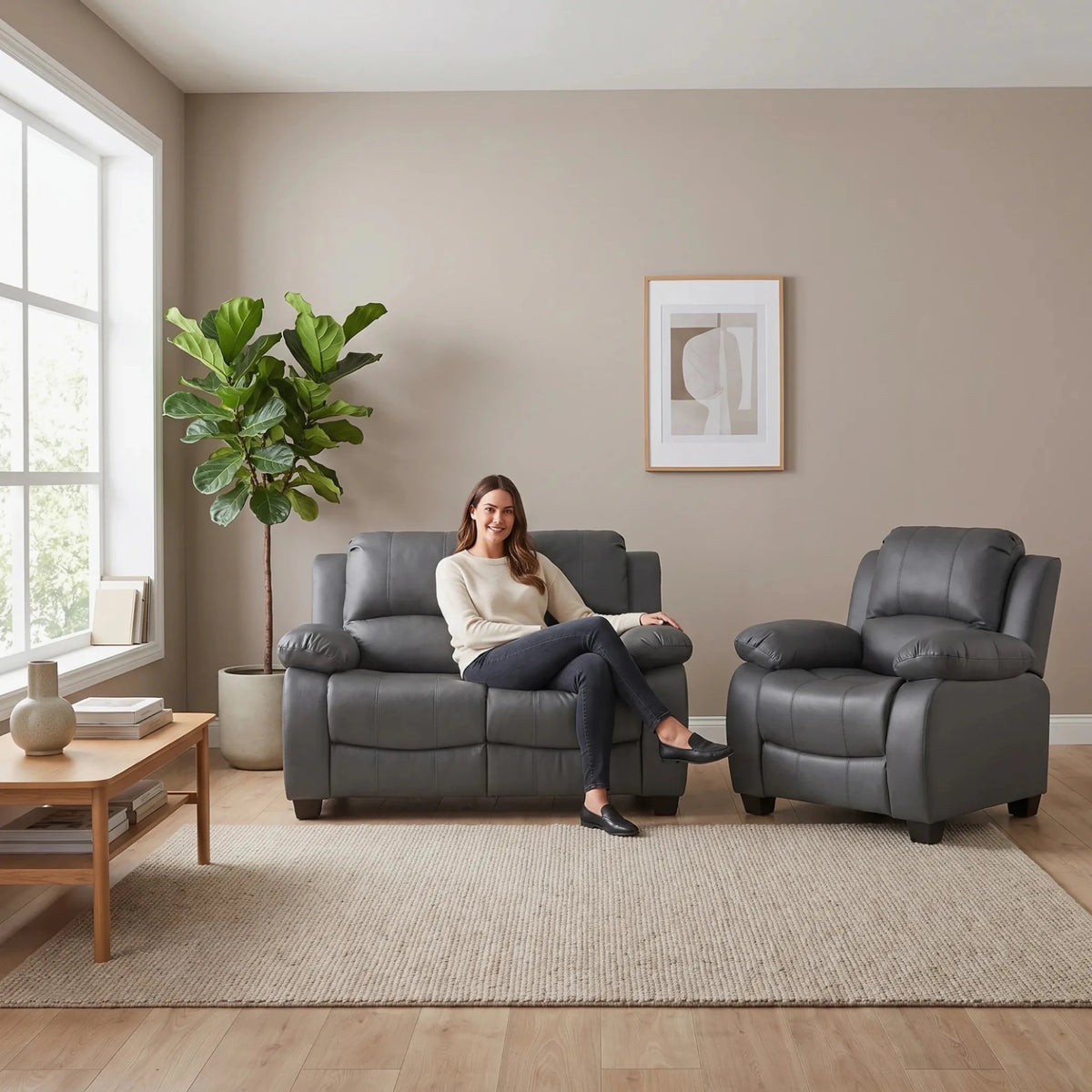 Valerie Grey Leather 2+1 Seater Sofa Set - Furniture Instore