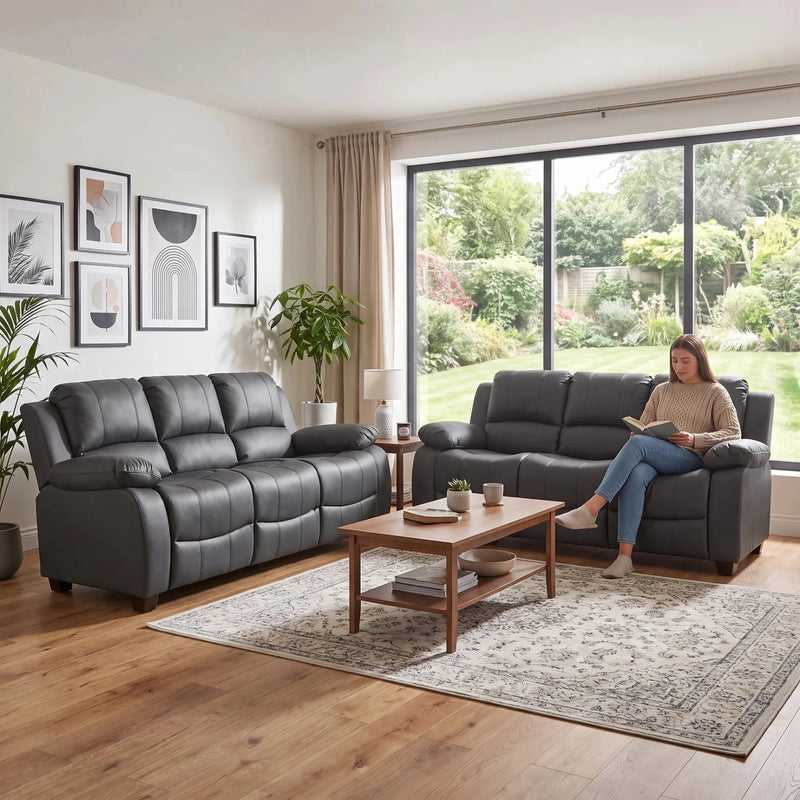 Valerie Grey Leather 3+3 Seater Sofa Set - Furniture Instore