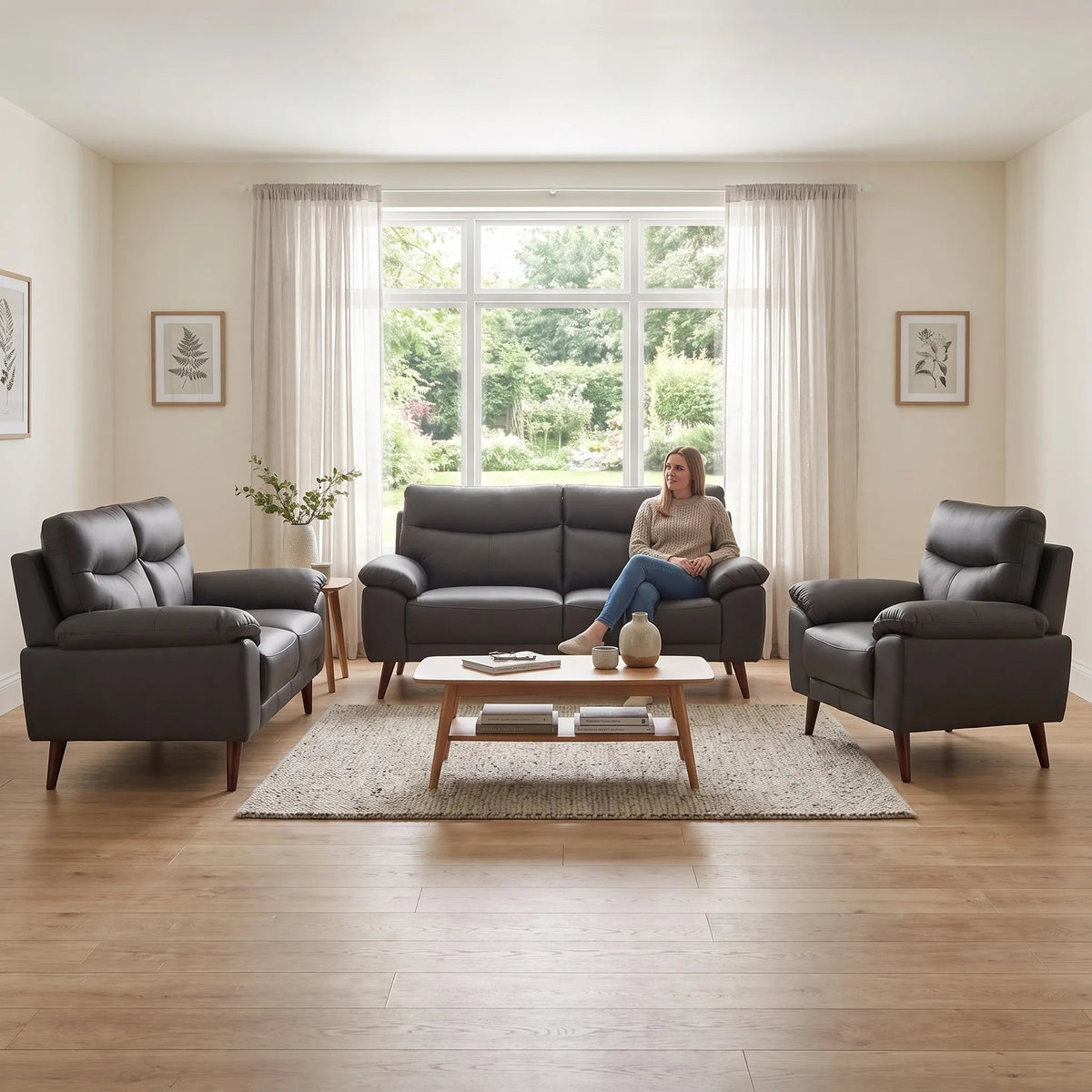 Vantage Genuine Leather Grey 3+2+1 Seater Sofa Set - Furniture Instore