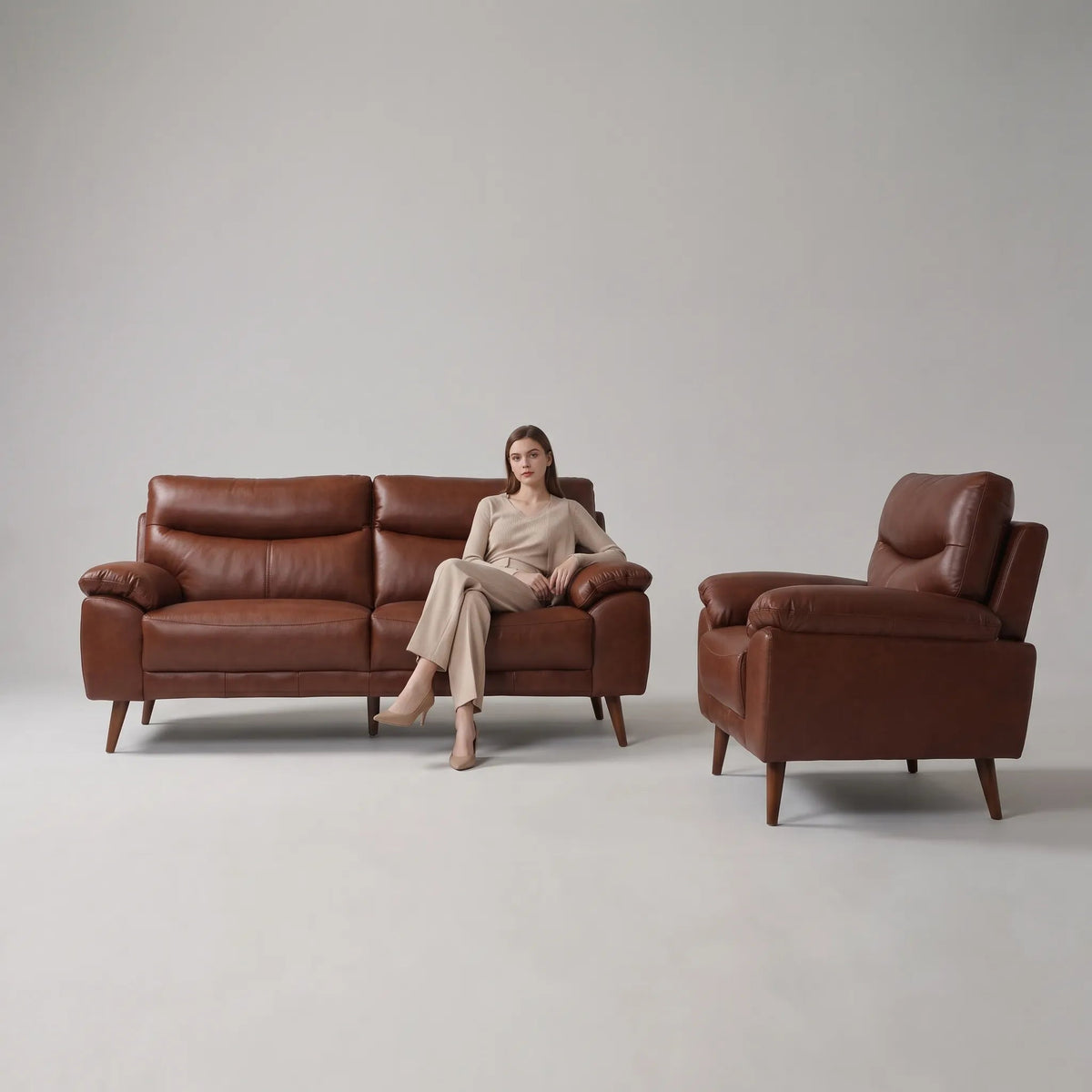 Vantage Genuine Leather Tan 3+1+1 Seater Sofa Set - Furniture Instore