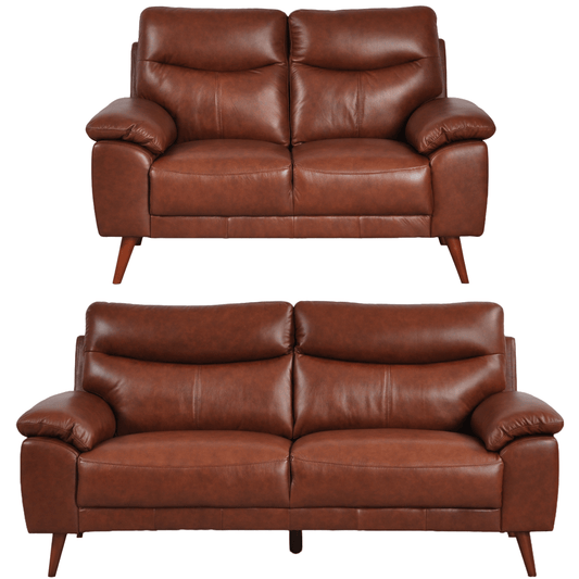 Vantage Tan 3+2 Sofa combo front facing on white background, showing cushions, clean lines, and