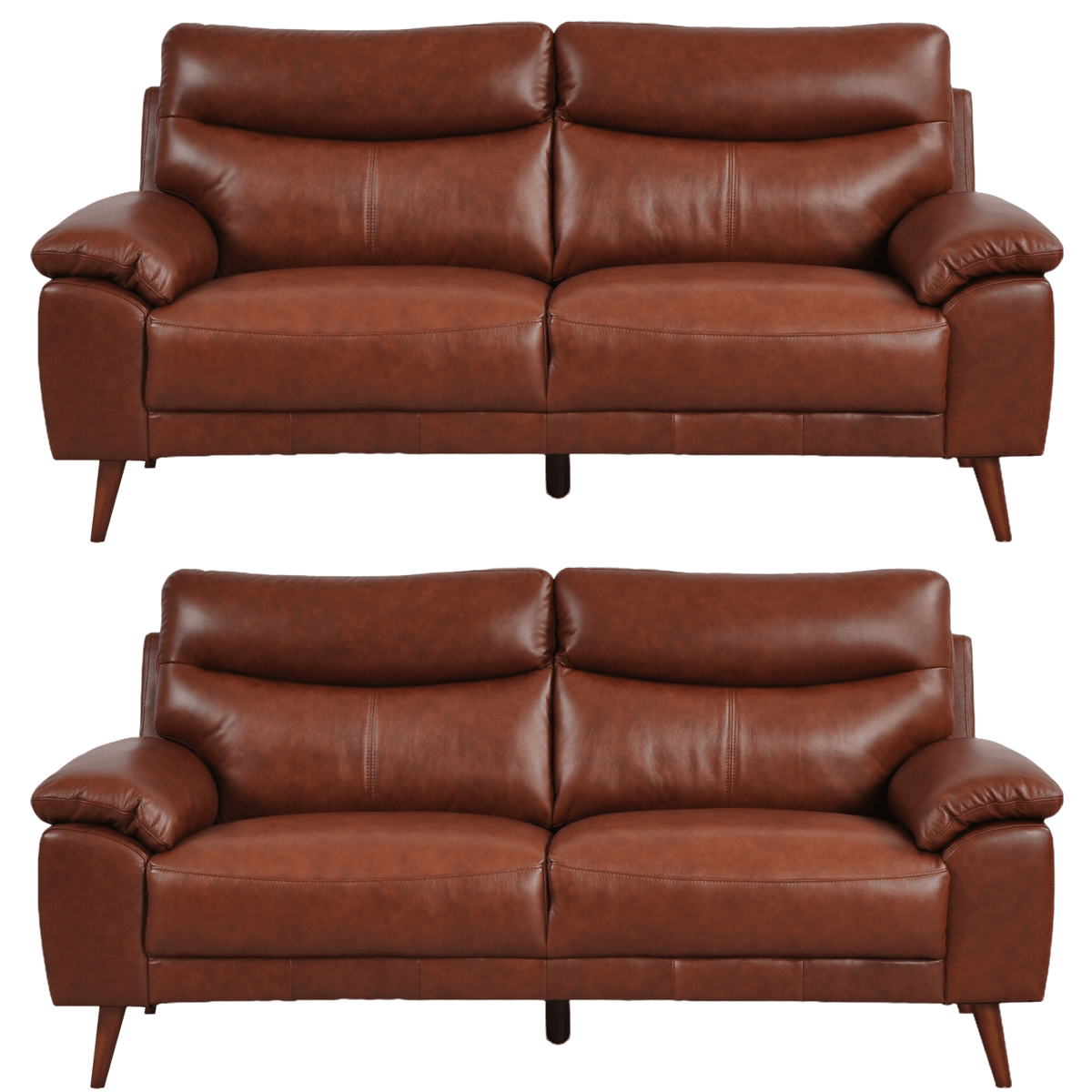 Vantage Tan 3+3 Sofa combo front facing on white background, showing cushions, clean lines, and