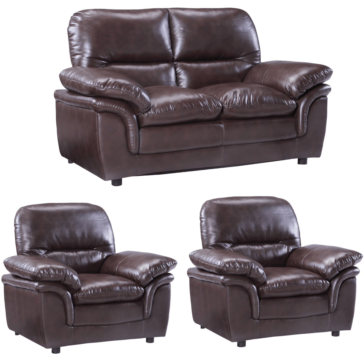 Brown leather sofa set with two matching armchairs