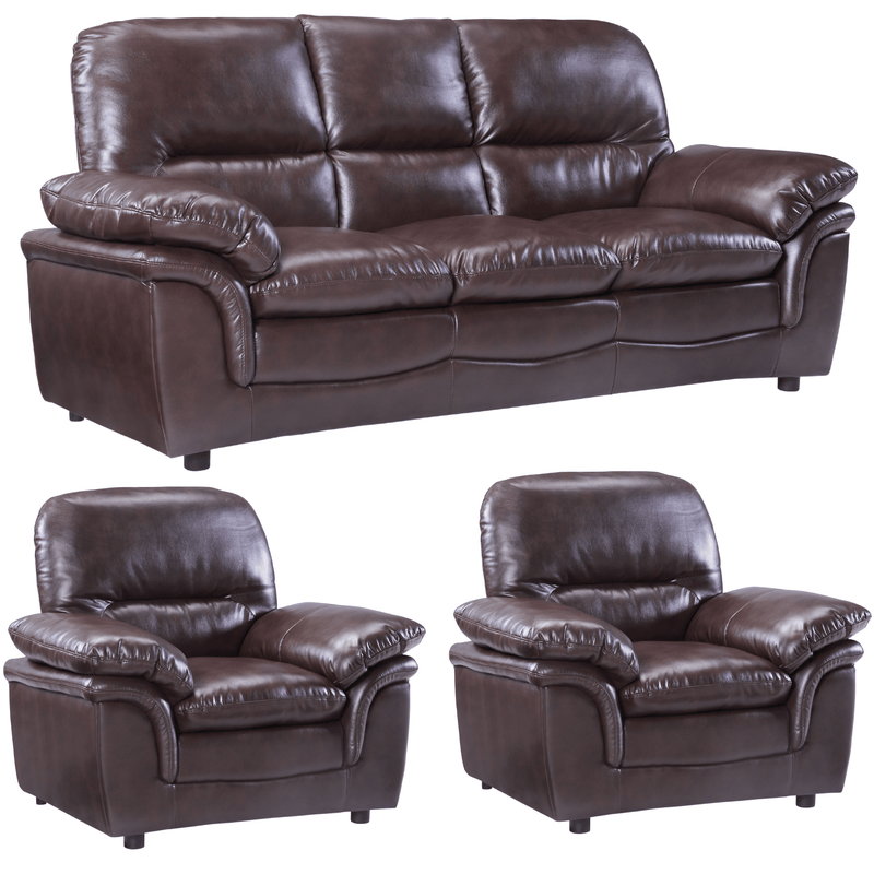 Brown leather sofa set with two matching armchairs on a white background