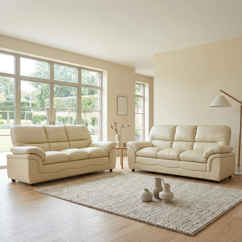 Verona Cream Leather 3+3 Seater Sofa Set – Spacious, Elegant & Designed for Comfort - Furniture